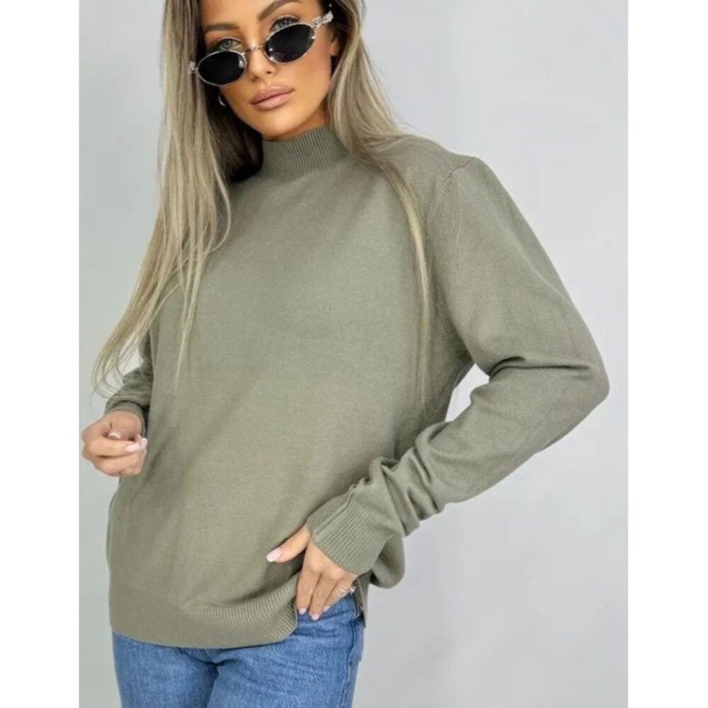 Womens M/L Gray Olive Soft Cashmere Blend Mock Neck Cweater Long Sleeve Pulover